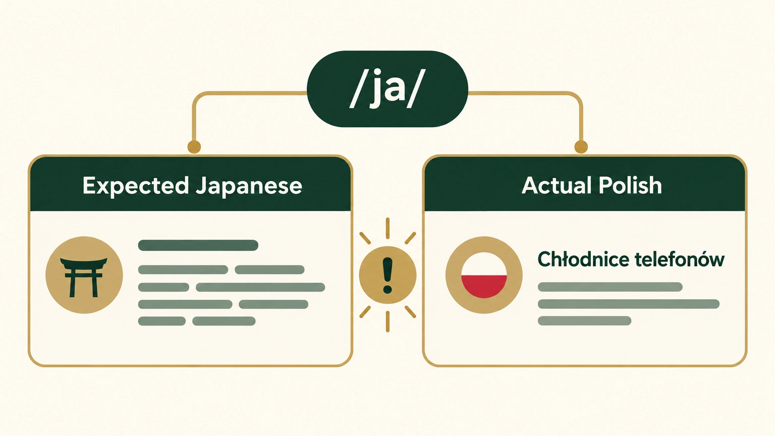 Illustrative reproduction: a /ja/ address label is paired with an expected Japanese body card and an actual Polish body card.