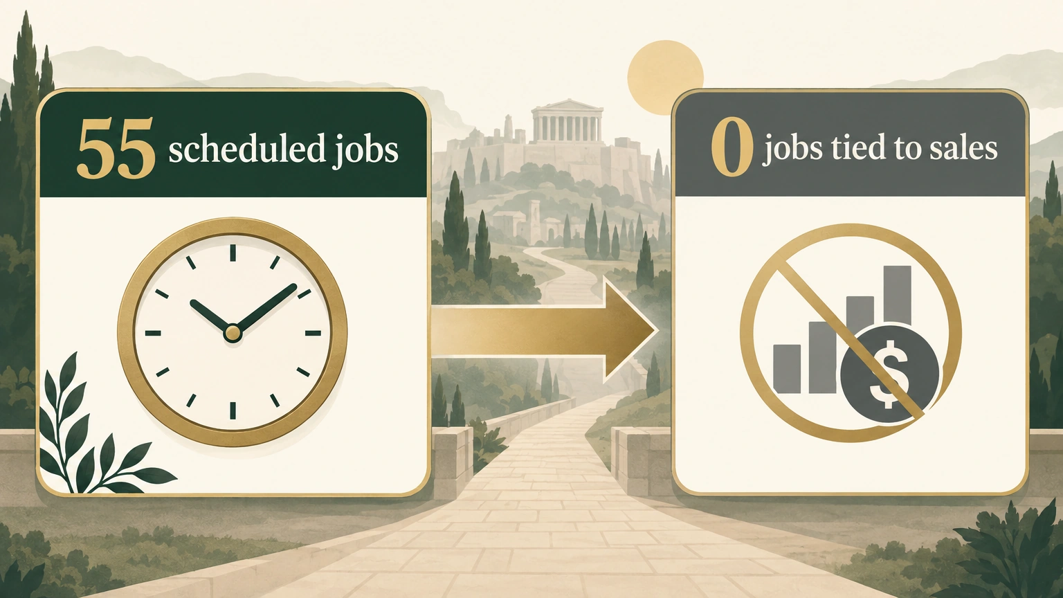 Diagram of 55 scheduled jobs feeding content, SEO, reporting, and research while the conversion path has zero direct jobs.