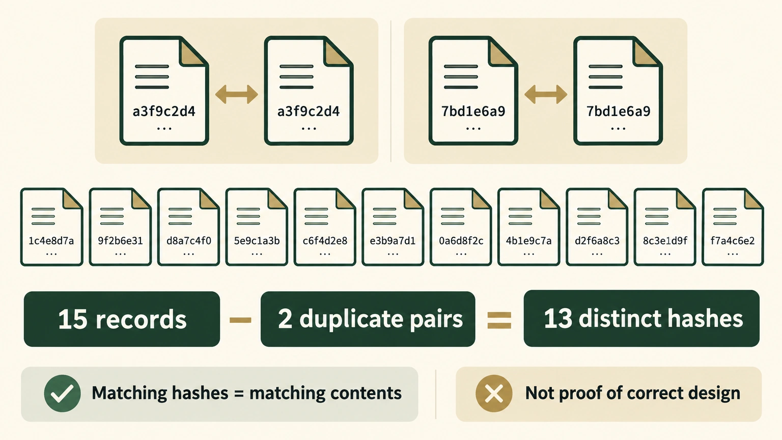 Fifteen hash records contain two duplicate pairs, leaving thirteen distinct SHA-256 values.