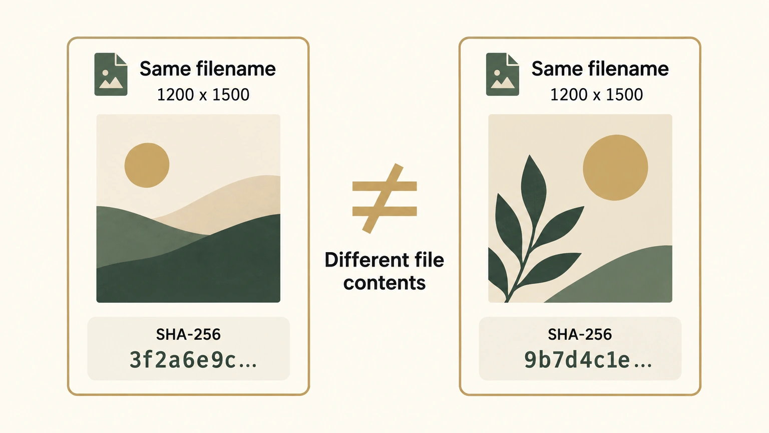Two image files share the same filename and dimensions but have different SHA-256 values because their contents differ.