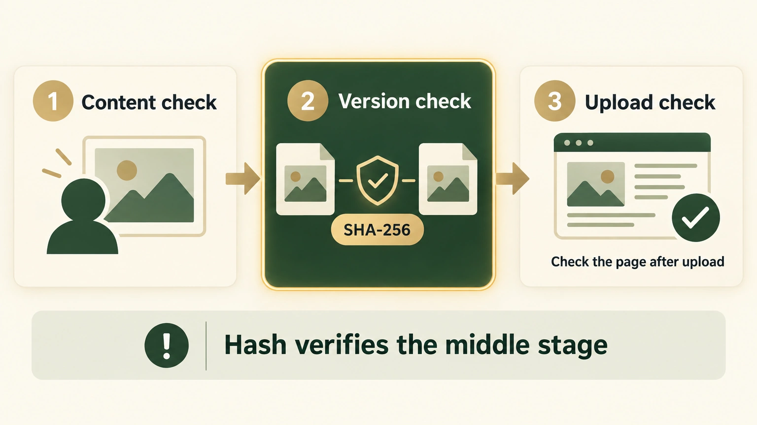 Three checks for an ecommerce image: content review, local version verification with SHA-256, and post-upload page verification.