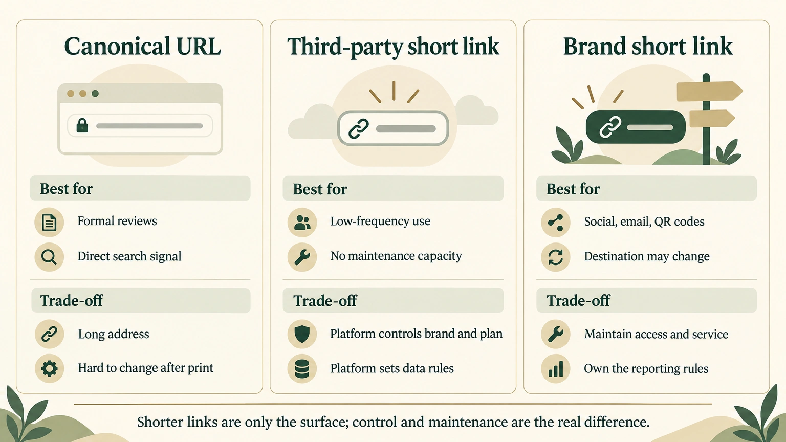 Choice matrix for canonical URLs, third-party short links, and brand short links