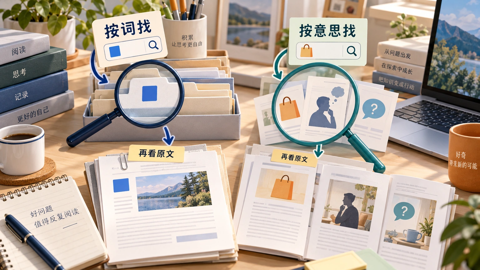 知道原词时按词找，只记得大意时按意思补充，找到后都回到原文