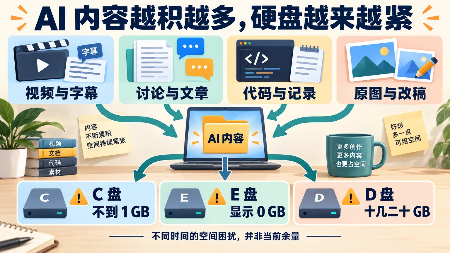 AI资料积累示意：视频字幕、讨论文章、代码记录和图片改稿不断增加，C、D、E盘都遇到过空间紧张；并非当前余量